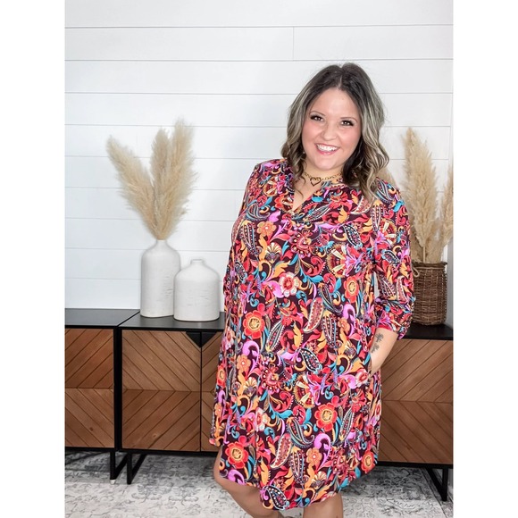 Dear Scarlett Dresses & Skirts - NEW Dear Scarlett Women Nitrogen Dress 2X Multi Paisley 3/4 Sleeve Pockets